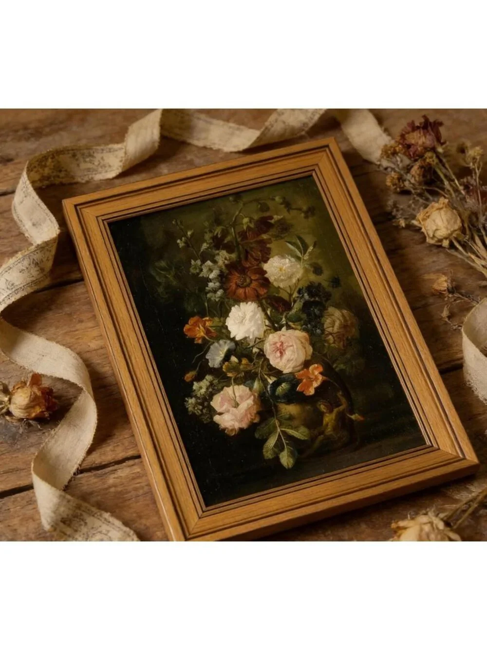 Vintage Floral Canvas Wall Art - Gold Frame Dark Flower Print for Rustic Decor